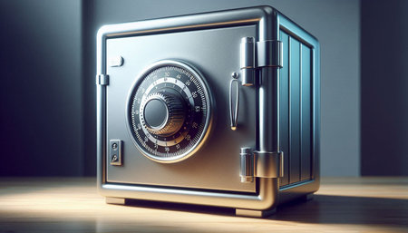 3d rendering of metal safe with lock on wooden table in dark room