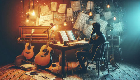 Musician sitting at his desk and playing guitar. Music concept.
