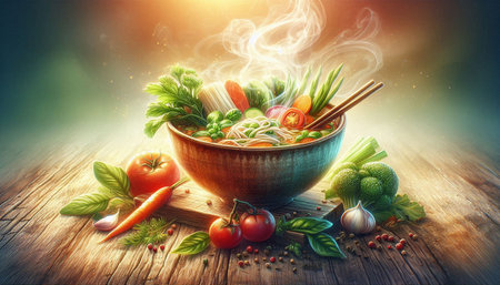 Instant noodles with vegetables and herbs in a bowl on a wooden table