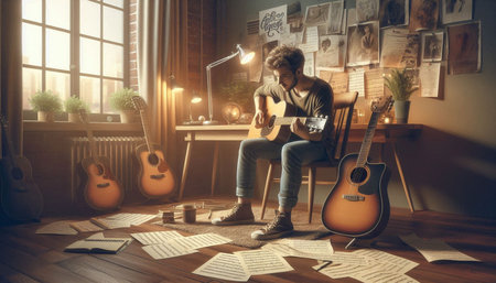 Young man playing guitar in the living room at home. Music concept.