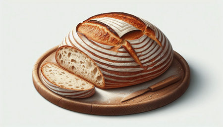 Freshly baked bread on a cutting board. 3d illustration.