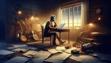 Man sitting at the piano and reading a book. 3D rendering