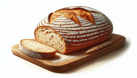 Sliced bread on a cutting board with wheat ears on a white background