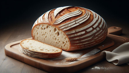 loaf of bread and wheat on a wooden table, rustic style