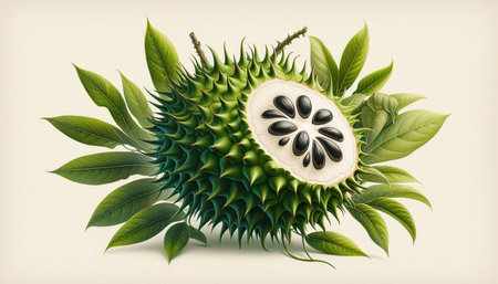 Fruit of a durian with green leaves on a white background