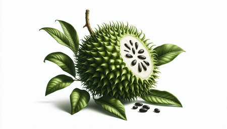 Green durian fruit with leaves isolated on white background. 3d illustration