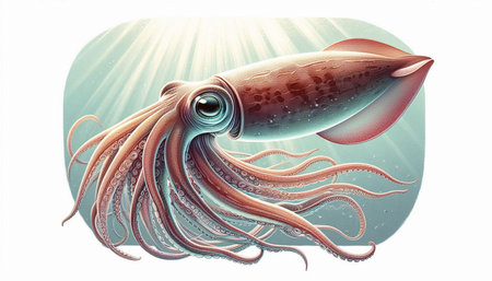 Illustration of an octopus swimming in the ocean with rays of light