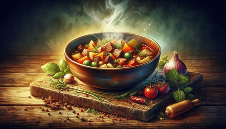 Beef stew with vegetables and spices in a bowl on wooden background