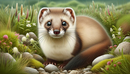 3D rendering of a weasel sitting in a grassy field