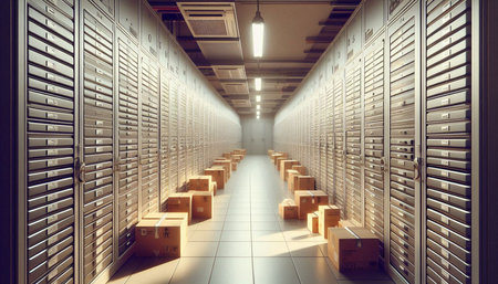 3D render of a server room with rows of storage boxes.