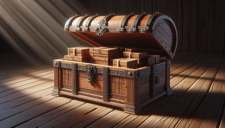 Wooden chest on a wooden floor. 3d render illustration.