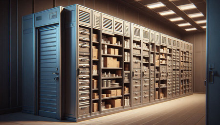 3D rendering of a locker room with bookshelf in it