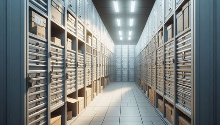 3D rendering of a server room with rows of drawers.