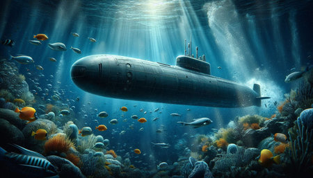 Submarine in deep blue sea. 3d render and illustration.