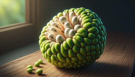 Custard apple on wood table with sunlight in the morning.