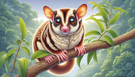 Cute little sugar glider on a tree branch in the forest