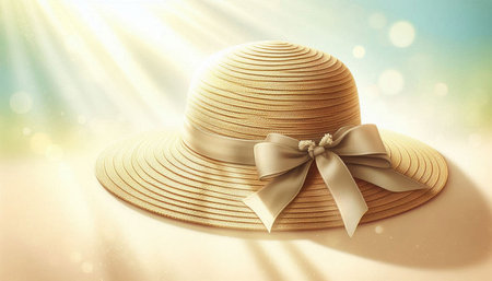 Women's straw hat with a bow on a background of the sun