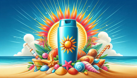 Sunscreen on the beach. Vector illustration. Sun protection concept.