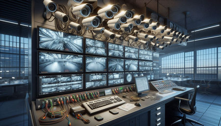 3d rendering of a control room with CCTV cameras and computers.