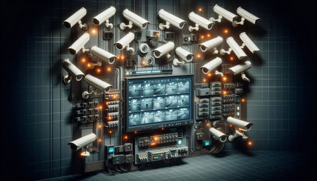 Cctv system with surveillance cameras. 3d rendering. Computer digital drawing.