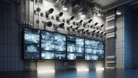 3D rendering of interior of a modern building with TV screens.