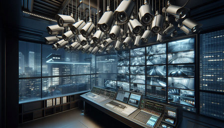 3d rendering of the interior of a control room with security cameras