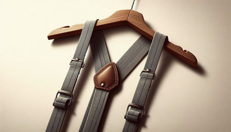 Wooden clothes hanger with leather belt on a beige background