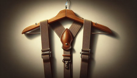 Brown leather belt on a wooden hanger on a beige background