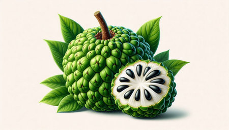 Custard apple with leaves on white background. Vector illustration.