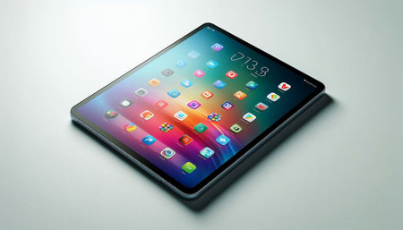 Tablet pc with colorful application icons on the screen isolated on white background
