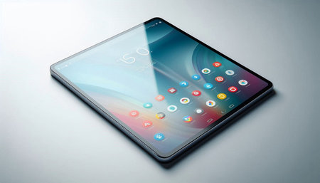 Tablet PC with colorful application icons on the screen close-up