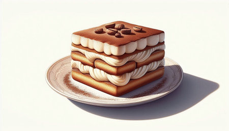 tiramisu cake on a plate isolated on a white background