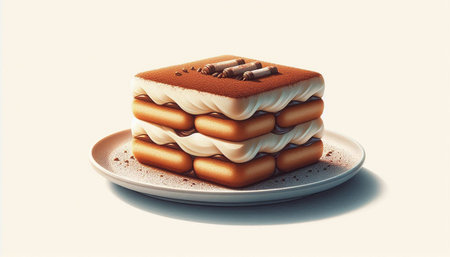 Tiramisu cake on a plate isolated on a white background