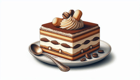 Illustration of a tiramisu cake with coffee beans on a white background