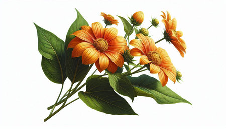 Bouquet of yellow and orange flowers on a white background.
