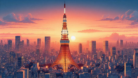 Tokyo tower at sunset in Tokyo, Japan. 3D rendering