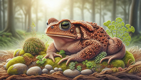 Frog sitting on moss in the forest. 3d illustration.