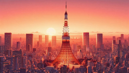 Eiffel tower in the city at sunset. 3D rendering