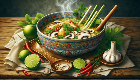 Vietnamese soup with chicken and vegetables on a wooden table.