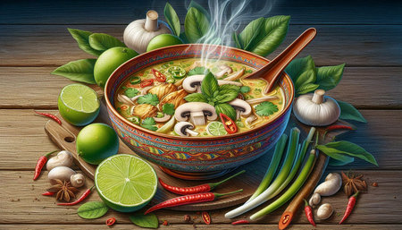 Thai spicy soup with ingredients on wooden background, asian food