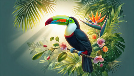 Tropical background with toucan and flowers. Vector illustration.