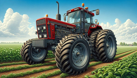 Agricultural tractor on the field. 3D illustration. Digital painting.