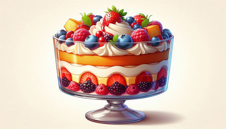 Colorful fruit cake with whipped cream and fresh berries in glass vase