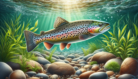Rainbow trout in the sea. 3d illustration of a rainbow troutの写真素材
