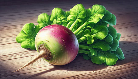 Radish with green leaves on a wooden table. 3d illustration