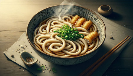 Japanese udon noodles in bowl on wooden table, close-up