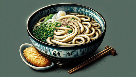 Japanese Udon noodles in a bowl with chopsticks on a gray background