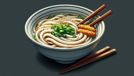 japanese udon noodle in bowl with chopsticks illustration