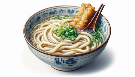 Japanese udon noodle in a bowl with chopsticks on white background