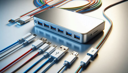 Wireless router with cables on a white background. 3d rendering